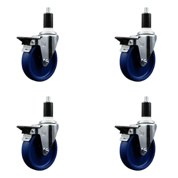 4'' Solid Poly Swivel 1-3/8'' Expanding Stem Caster Set with Brake, 4PK